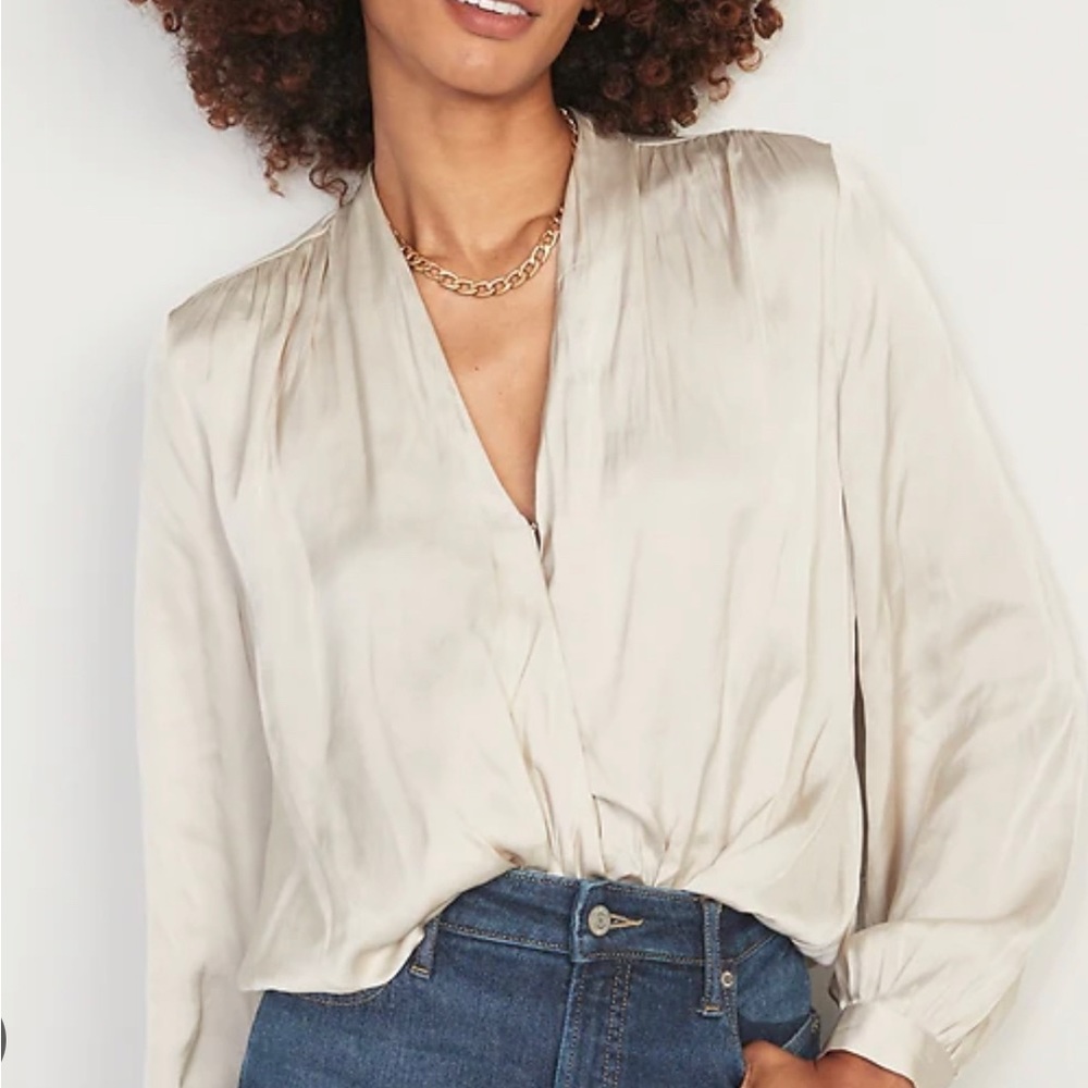 Satin surplice/wrap front blouse